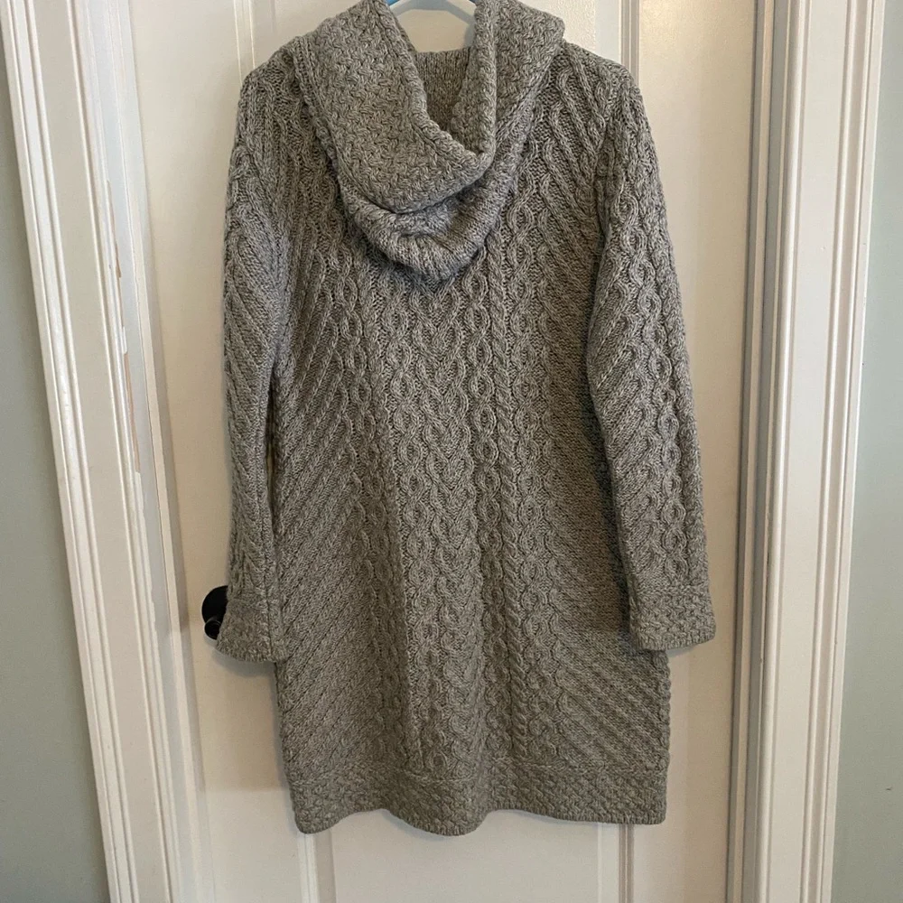 Aran Mor Made in Ireland Merino Wool Cable Knit Hooded Long Cardigan - Picture 10 of 14